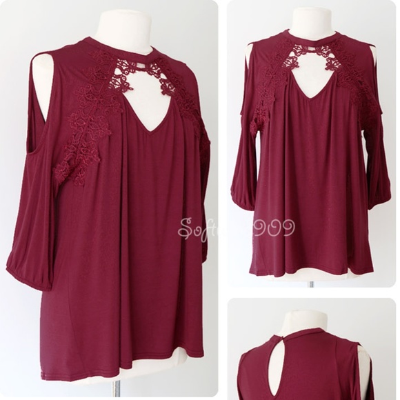Burgundy Wine Lace Cutout Cold Shoulder Soft Top - Picture 3 of 8